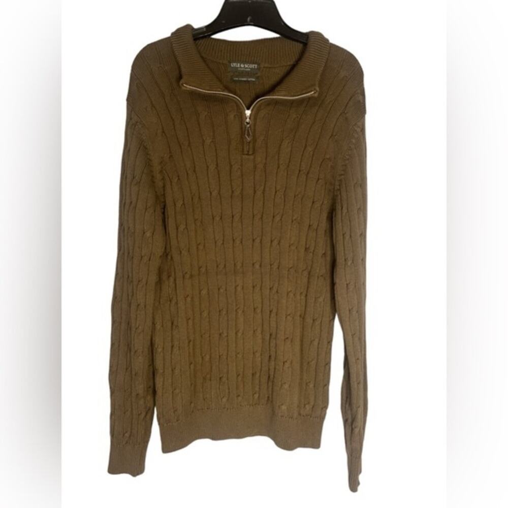 Lyle & Scott Olive Cable Knit Fisherman 3/4 Zip Combed Cotton Pullover Sweater